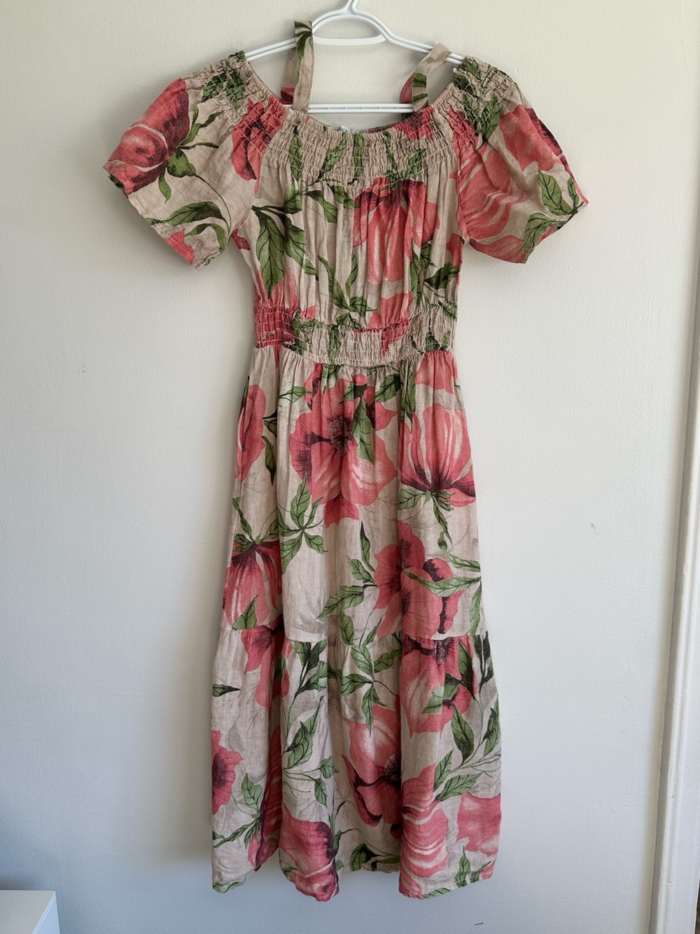 Valentina Naldi 100% Linen Smocked Off-Shoulder Midi Dress in Pink Floral Large